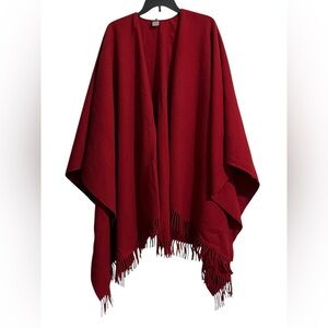 Dark Red 100% Wool Women’s Fringe Shawl Poncho One Size Fits Most Made By Tie.Ra